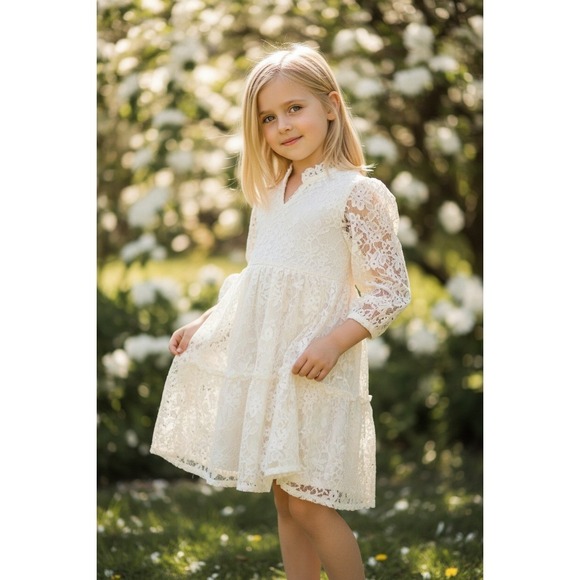 Zara Other - Zara Kids Lace Dress Cream White Button Front Tiered Ruffle Girls Size 8